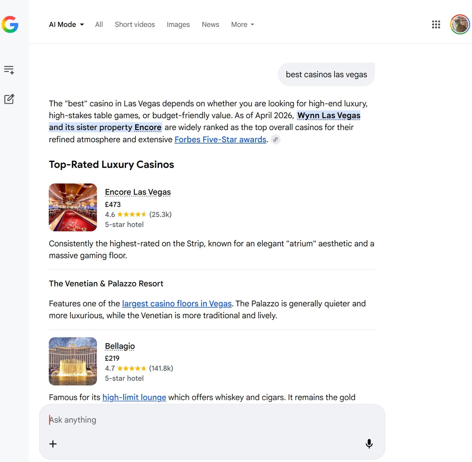 Google AI Mode search results