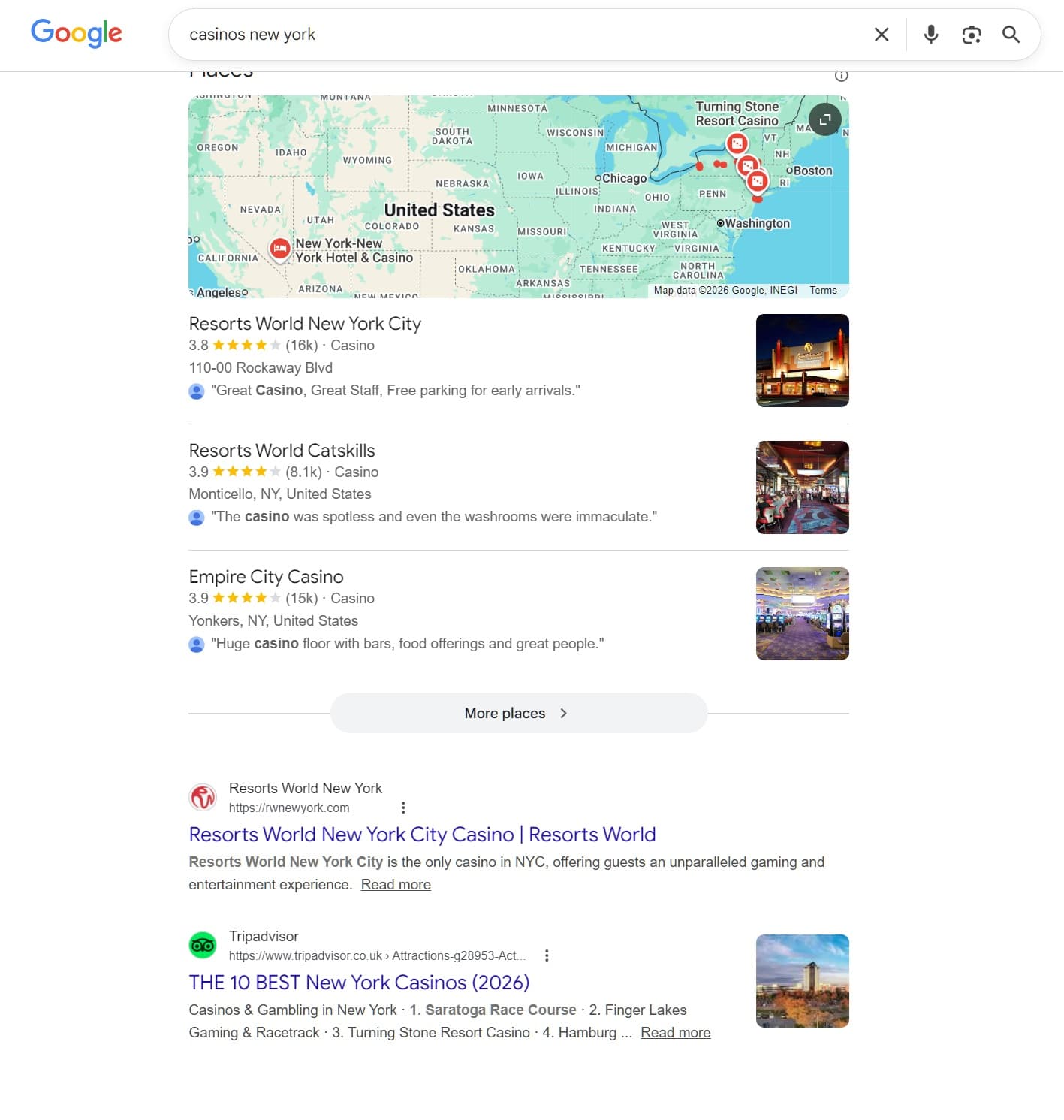 Google search results for 'casinos new york' showing local Map Pack listings