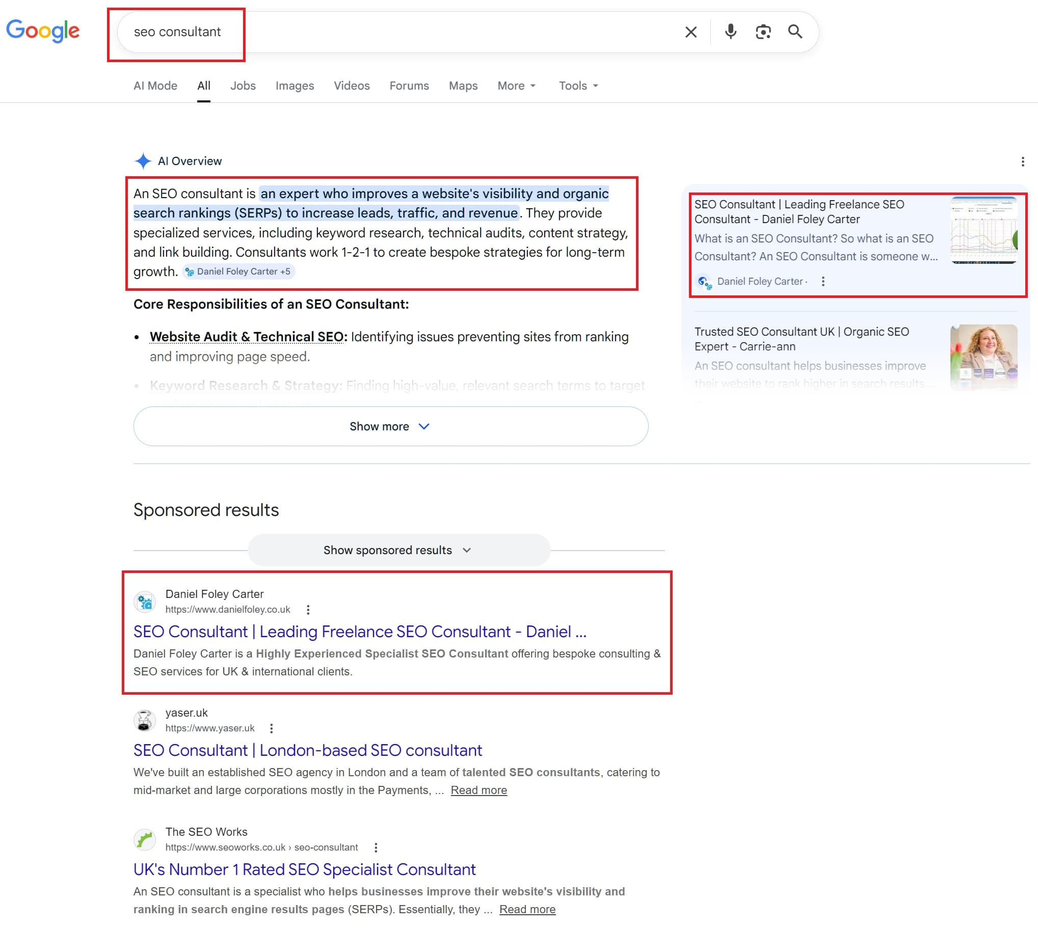 Daniel Foley Carter ranking #1 for SEO Consultant